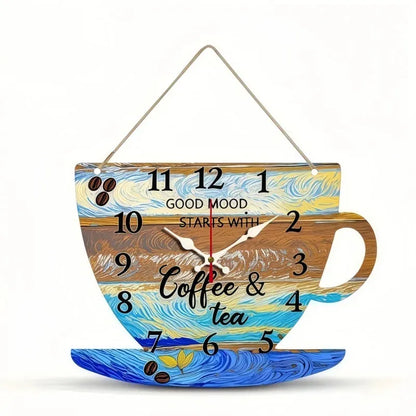 Sofello Horloge murale bois forme tasse à café, horloge murale originale décorative silencieuse pour salon, chambre, bureau - 30x22 cm