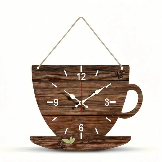 Sofello Horloge murale bois forme tasse à café, horloge murale originale décorative silencieuse pour salon, chambre, bureau - 30x22 cm