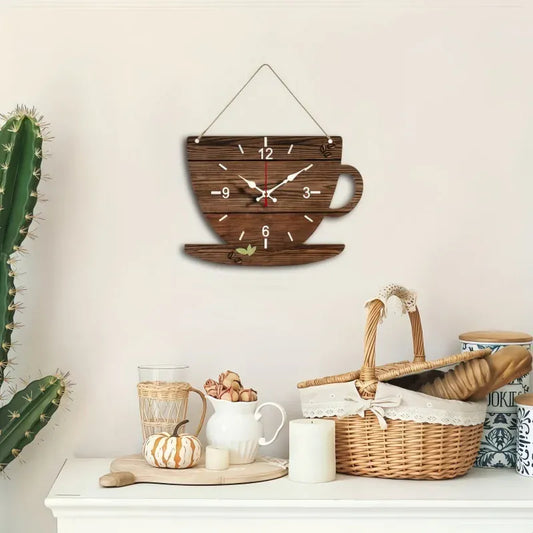 Sofello Horloge murale bois forme tasse à café, horloge murale originale décorative silencieuse pour salon, chambre, bureau - 30x22 cm