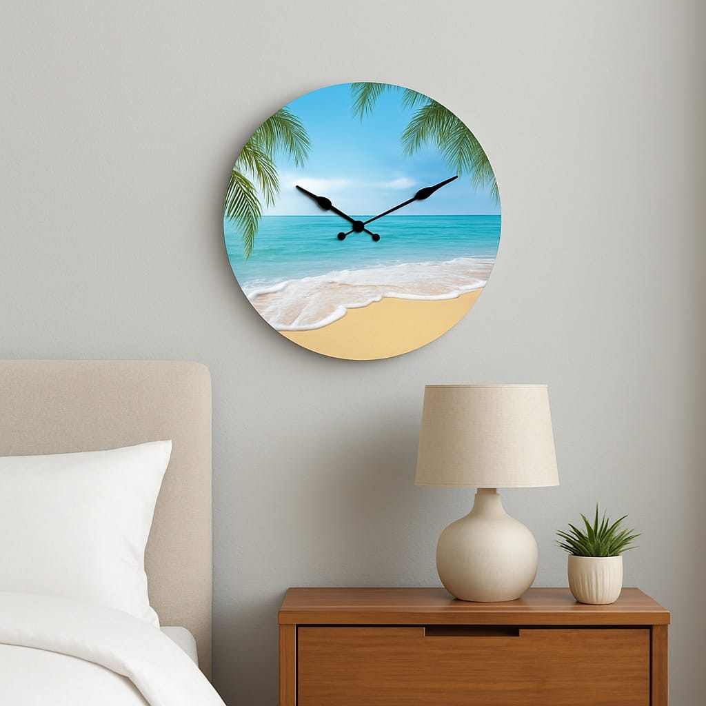 Sofello Horloge murale bois motif plage design luxe, horloge murale décorative silencieuse pour salon, chambre, salle de bain - 4 tailles 25 à 41 cm