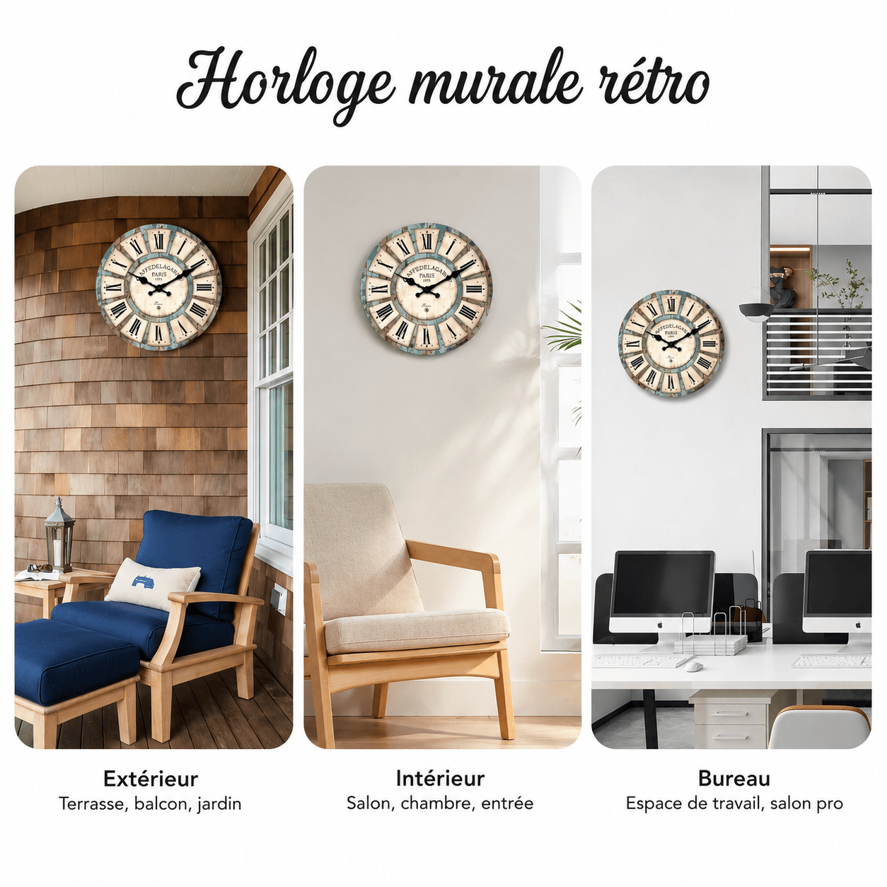 Sofello Horloge murale bois rustique vintage, grain de bois naturel, silencieuse salon cuisine 25/30/36/41 cm