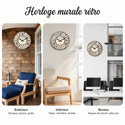 Sofello Horloge murale bois rustique vintage, grain de bois naturel, silencieuse salon cuisine 25/30/36/41 cm