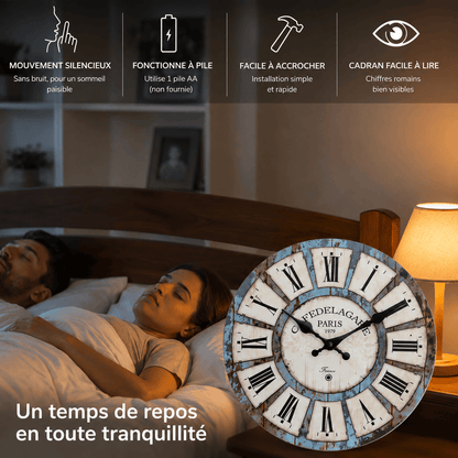 Sofello Horloge murale bois rustique vintage, grain de bois naturel, silencieuse salon cuisine 25/30/36/41 cm