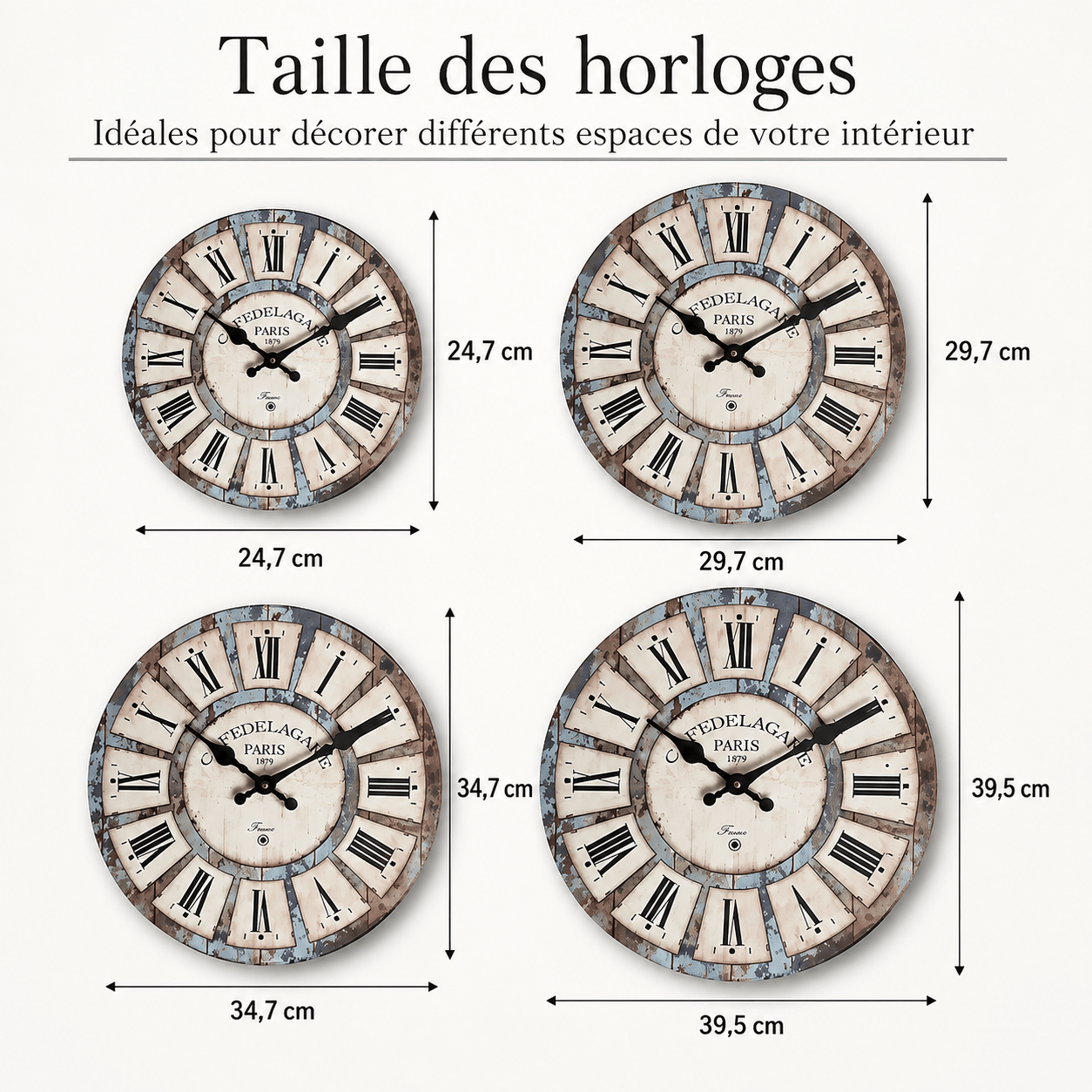 Sofello Horloge murale bois rustique vintage, grain de bois naturel, silencieuse salon cuisine 25/30/36/41 cm