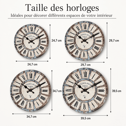 Sofello Horloge murale bois rustique vintage, grain de bois naturel, silencieuse salon cuisine 25/30/36/41 cm