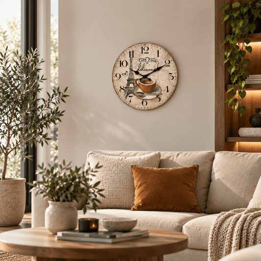 Sofello Horloge murale bois vintage Paris, silencieuse, plusieurs tailles, salon cuisine chambre