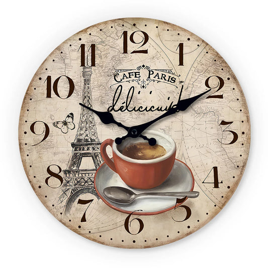 Sofello Horloge murale bois vintage Paris, silencieuse, plusieurs tailles, salon cuisine chambre