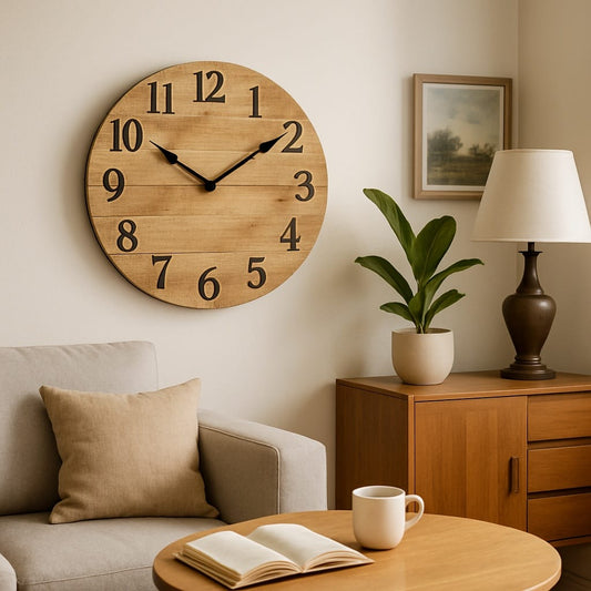 Sofello Horloge murale bois vintage texture bois naturel, horloge murale décorative silencieuse ronde pour salon, chambre - 4 tailles 25 à 41 cm