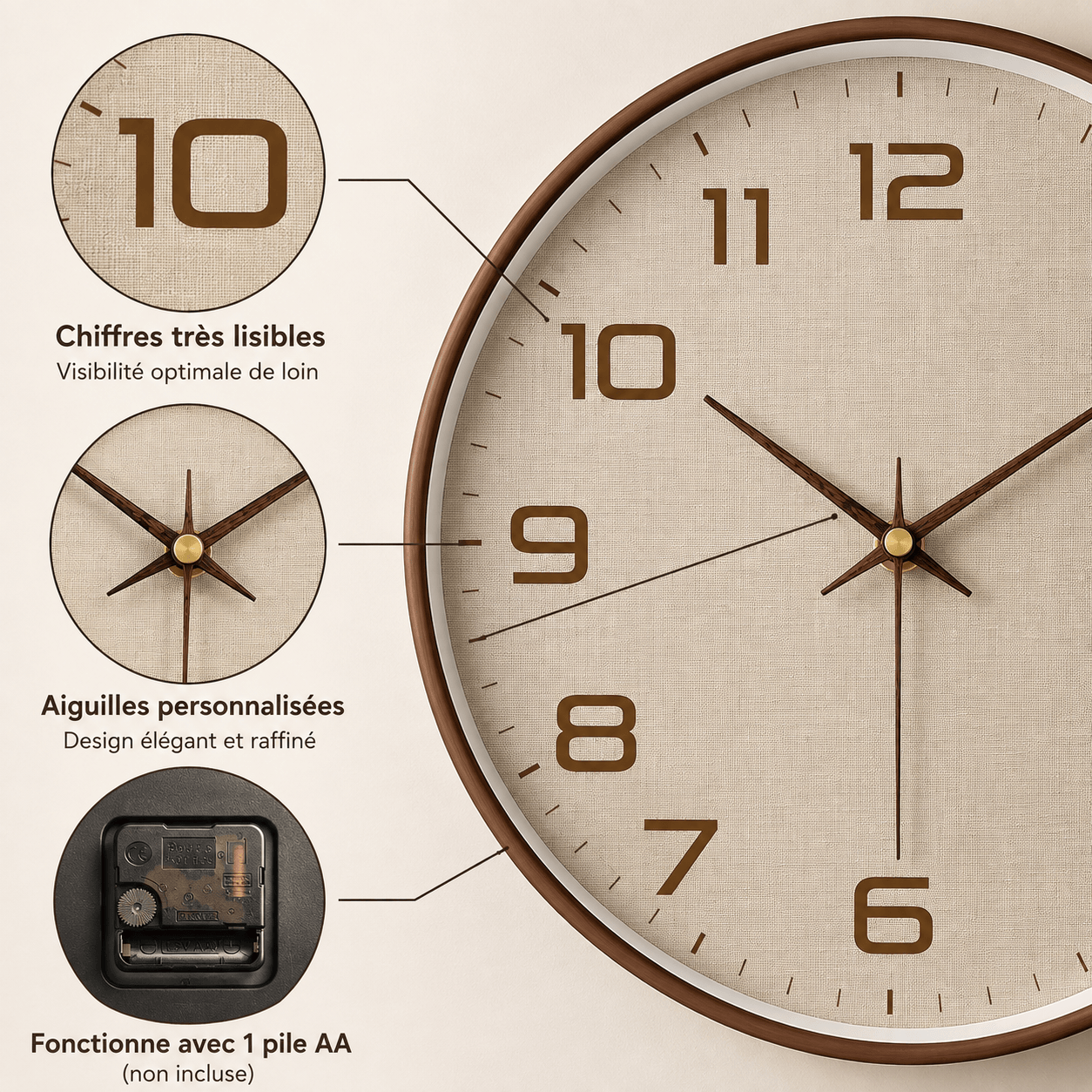 Sofello Horloge murale classique chiffres larges, blanc et noir, silencieuse salon bureau 20/25/30 cm