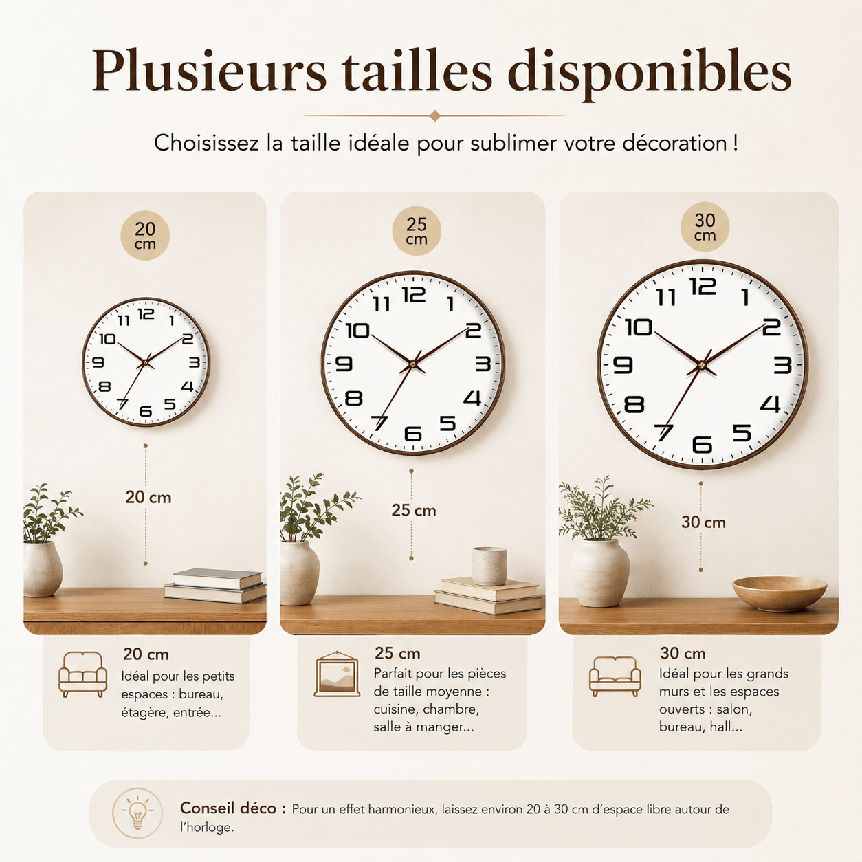 Sofello Horloge murale classique chiffres larges, blanc et noir, silencieuse salon bureau 20/25/30 cm