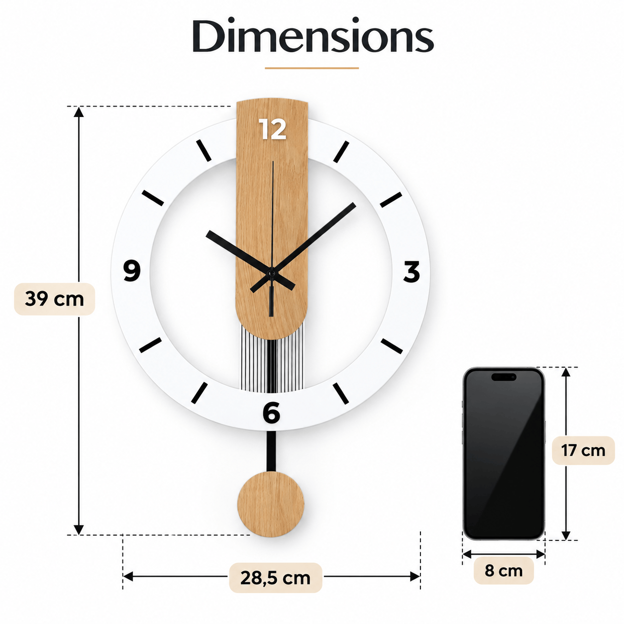 Sofello Horloge murale design blanche effet bois avec balancier, horloge murale acrylique silencieuse pour salon, chambre, cuisine, bureau - 39 cm