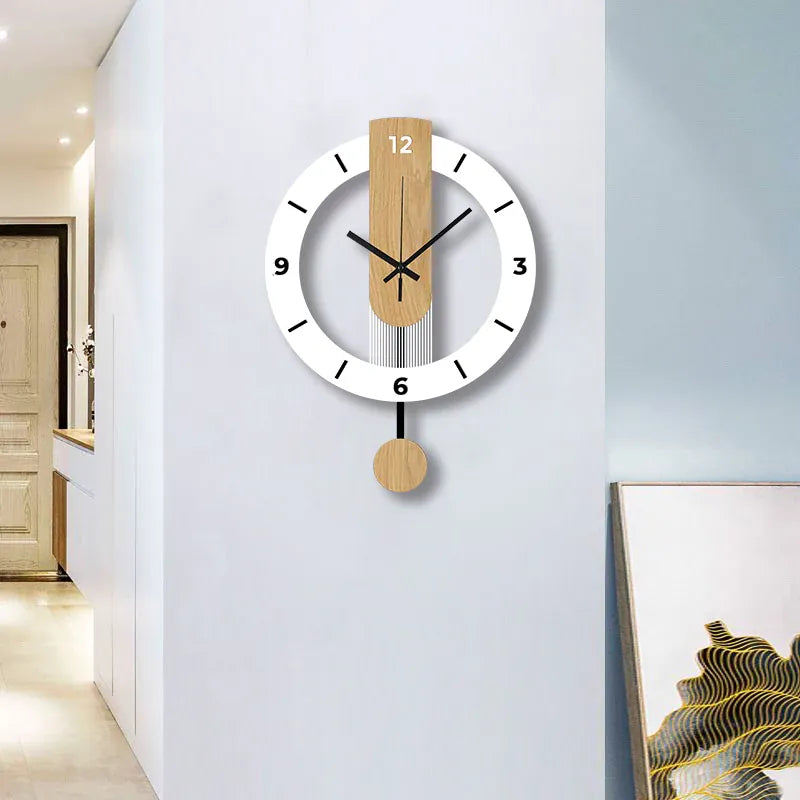 Sofello Horloge murale design blanche effet bois avec balancier, horloge murale acrylique silencieuse pour salon, chambre, cuisine, bureau - 39 cm
