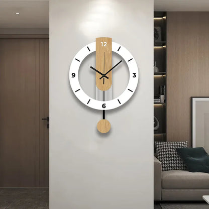 Sofello Horloge murale design blanche effet bois avec balancier, horloge murale acrylique silencieuse pour salon, chambre, cuisine, bureau - 39 cm