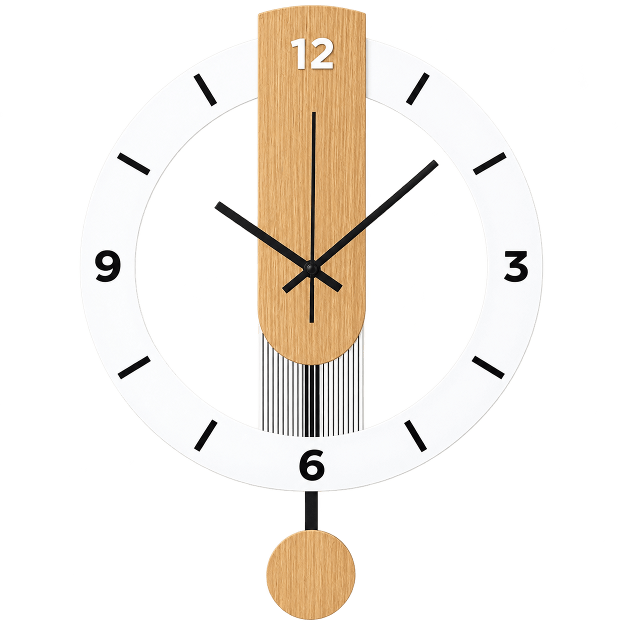 Sofello Horloge murale design blanche effet bois avec balancier, horloge murale acrylique silencieuse pour salon, chambre, cuisine, bureau - 39 cm