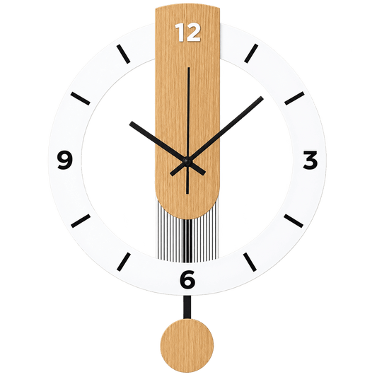 Sofello Horloge murale design blanche effet bois avec balancier, horloge murale acrylique silencieuse pour salon, chambre, cuisine, bureau - 39 cm