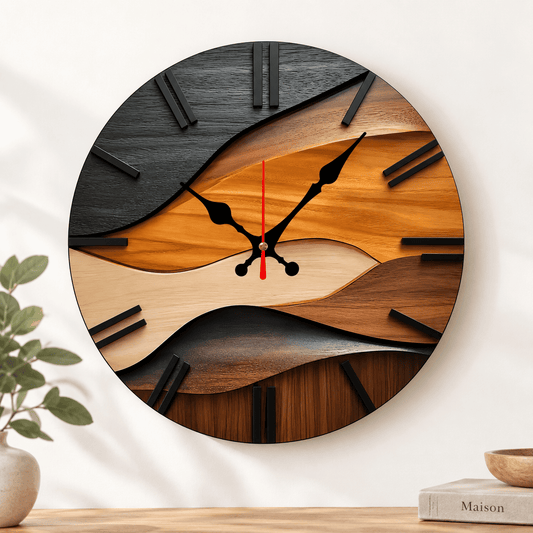 Sofello Horloge murale design bois, effet vagues multicolore, silencieuse, salon cuisine