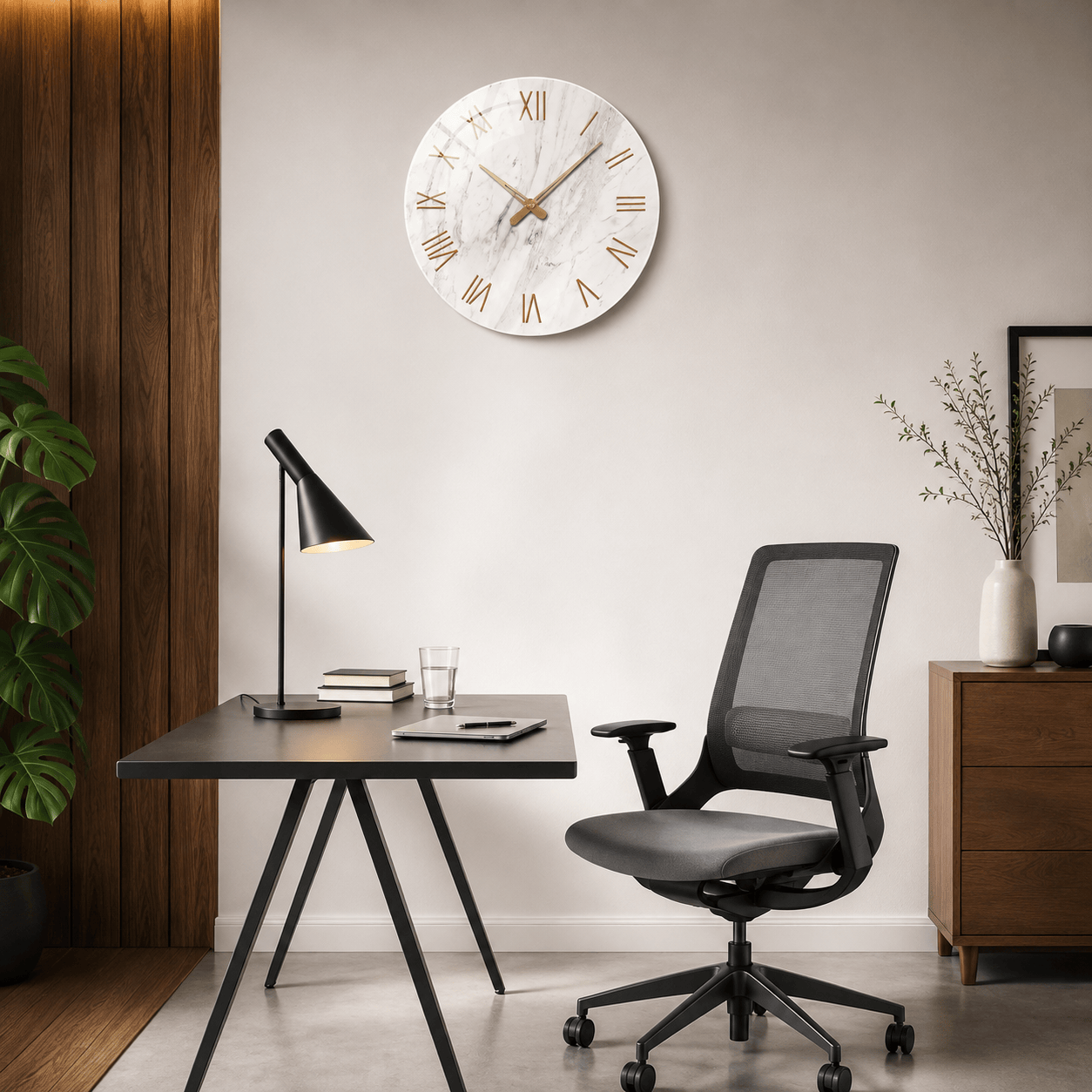 Sofello Horloge murale design marbre blanc chiffres romains dorés, verre trempé silencieuse 30/35/40 cm salon