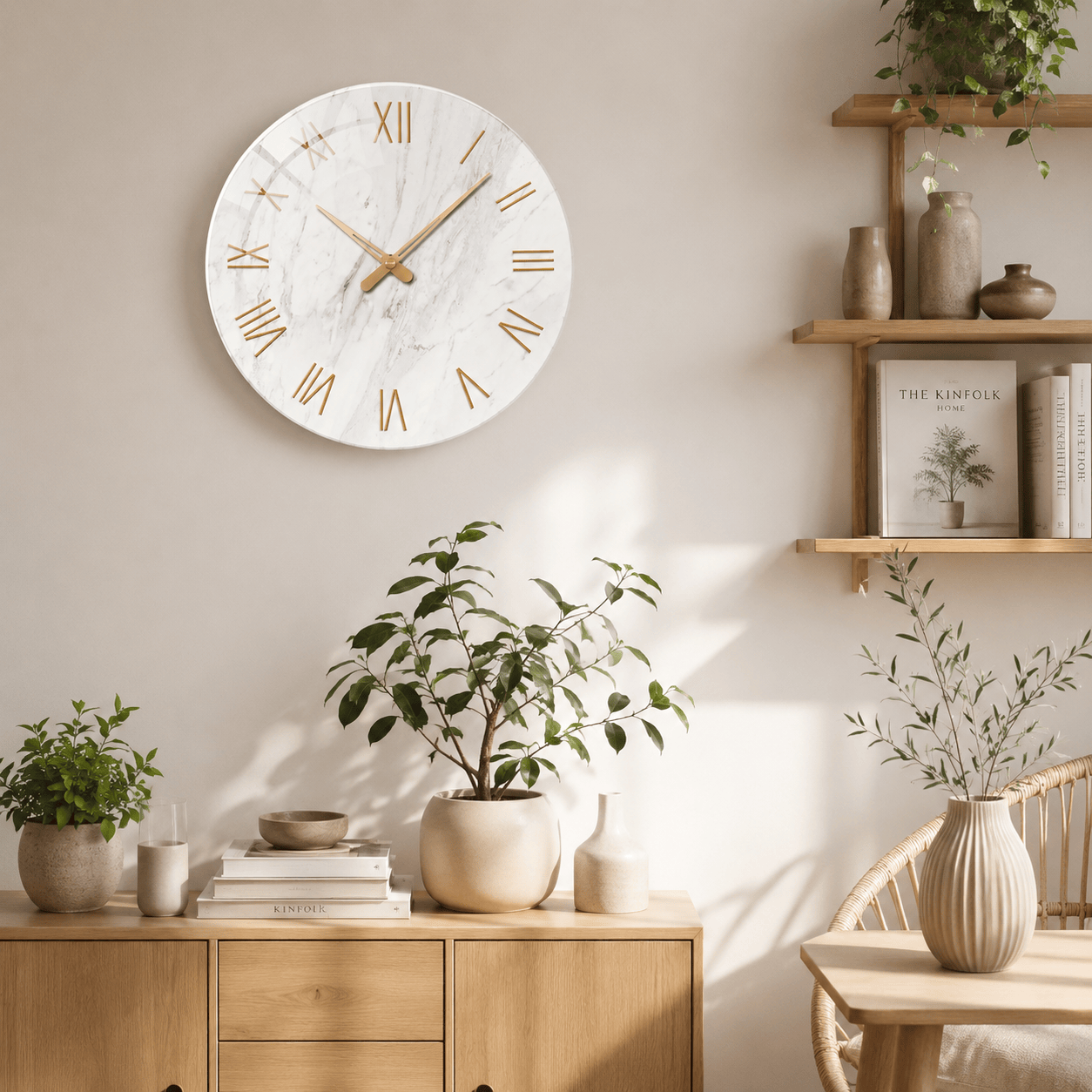 Sofello Horloge murale design marbre blanc chiffres romains dorés, verre trempé silencieuse 30/35/40 cm salon