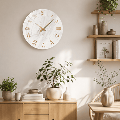 Sofello Horloge murale design marbre blanc chiffres romains dorés, verre trempé silencieuse 30/35/40 cm salon
