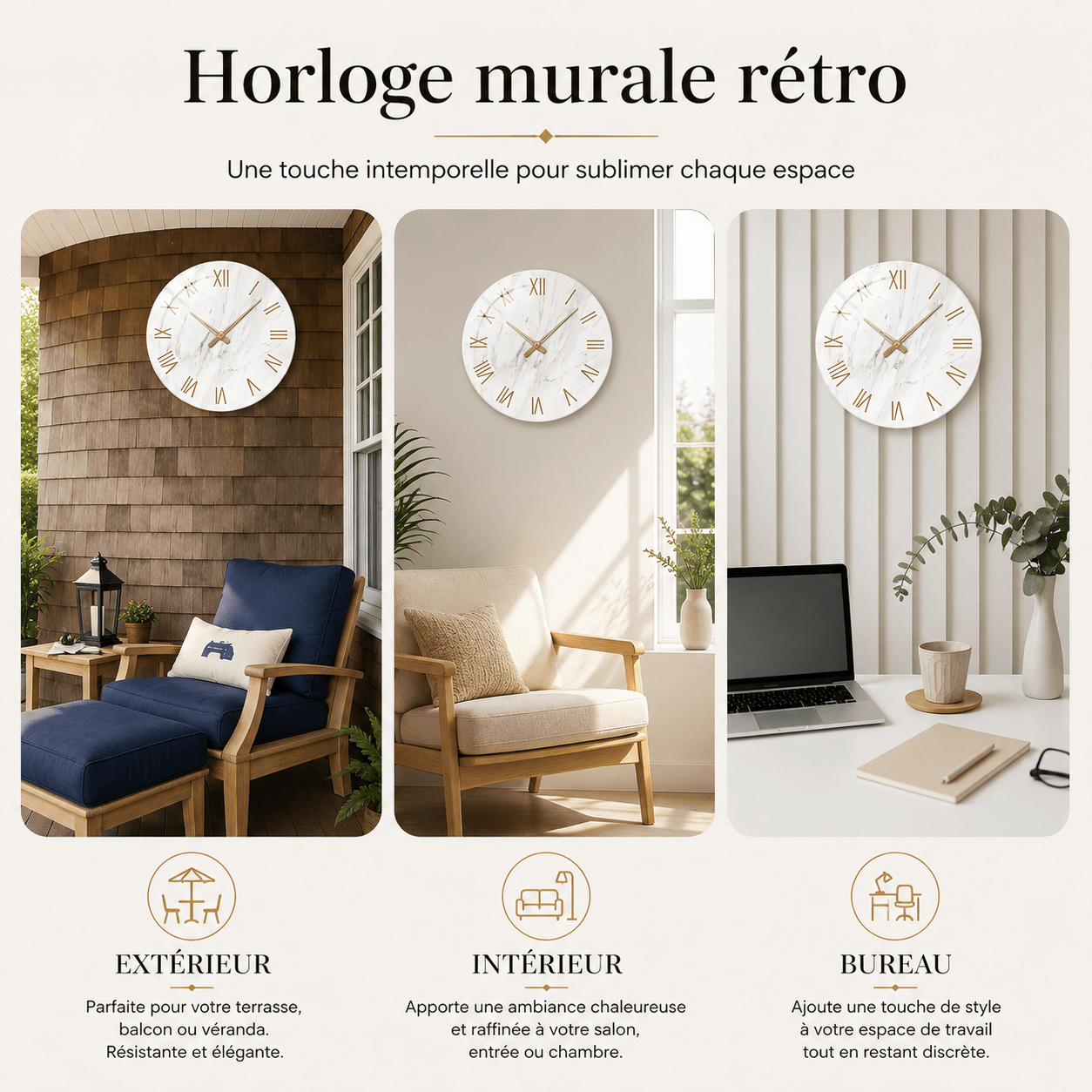 Sofello Horloge murale design marbre blanc chiffres romains dorés, verre trempé silencieuse 30/35/40 cm salon
