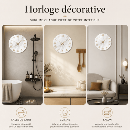 Sofello Horloge murale design marbre blanc chiffres romains dorés, verre trempé silencieuse 30/35/40 cm salon