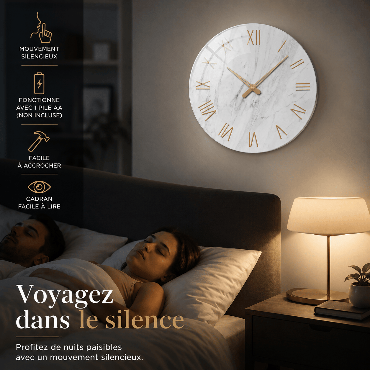 Sofello Horloge murale design marbre blanc chiffres romains dorés, verre trempé silencieuse 30/35/40 cm salon