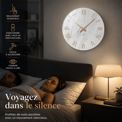 Sofello Horloge murale design marbre blanc chiffres romains dorés, verre trempé silencieuse 30/35/40 cm salon