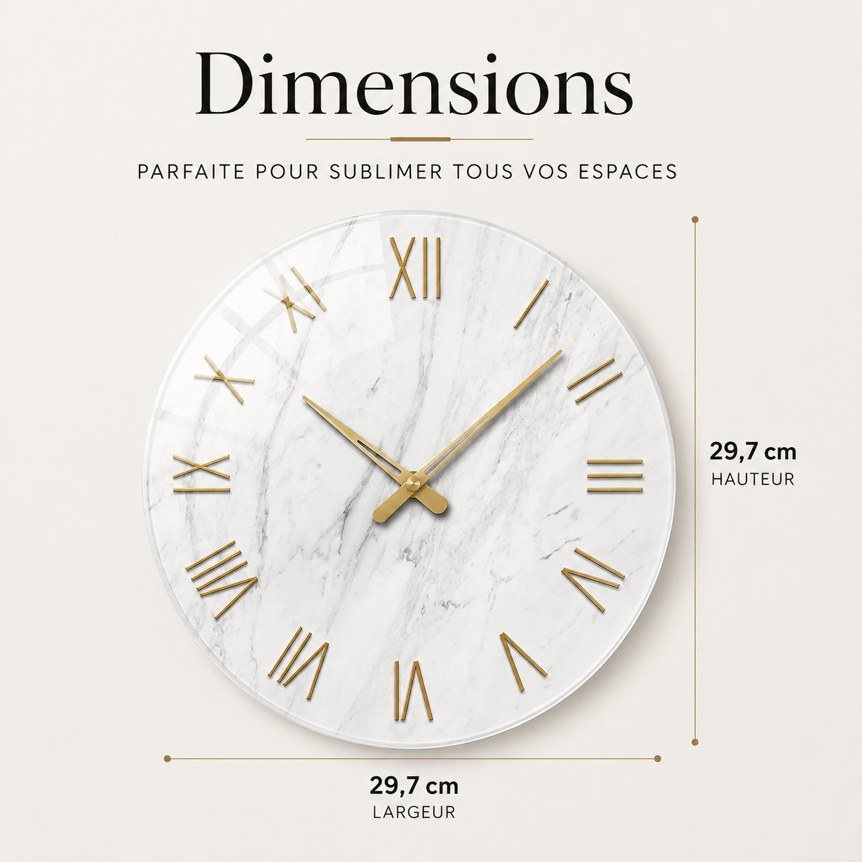 Sofello Horloge murale design marbre blanc chiffres romains dorés, verre trempé silencieuse 30/35/40 cm salon