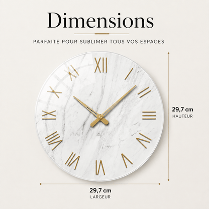 Sofello Horloge murale design marbre blanc chiffres romains dorés, verre trempé silencieuse 30/35/40 cm salon