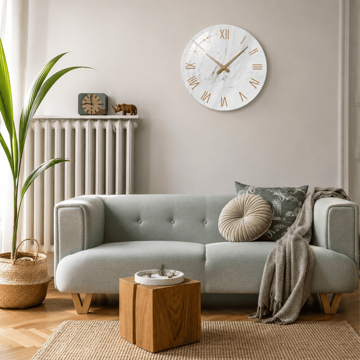 Sofello Horloge murale design marbre blanc chiffres romains dorés, verre trempé silencieuse 30/35/40 cm salon