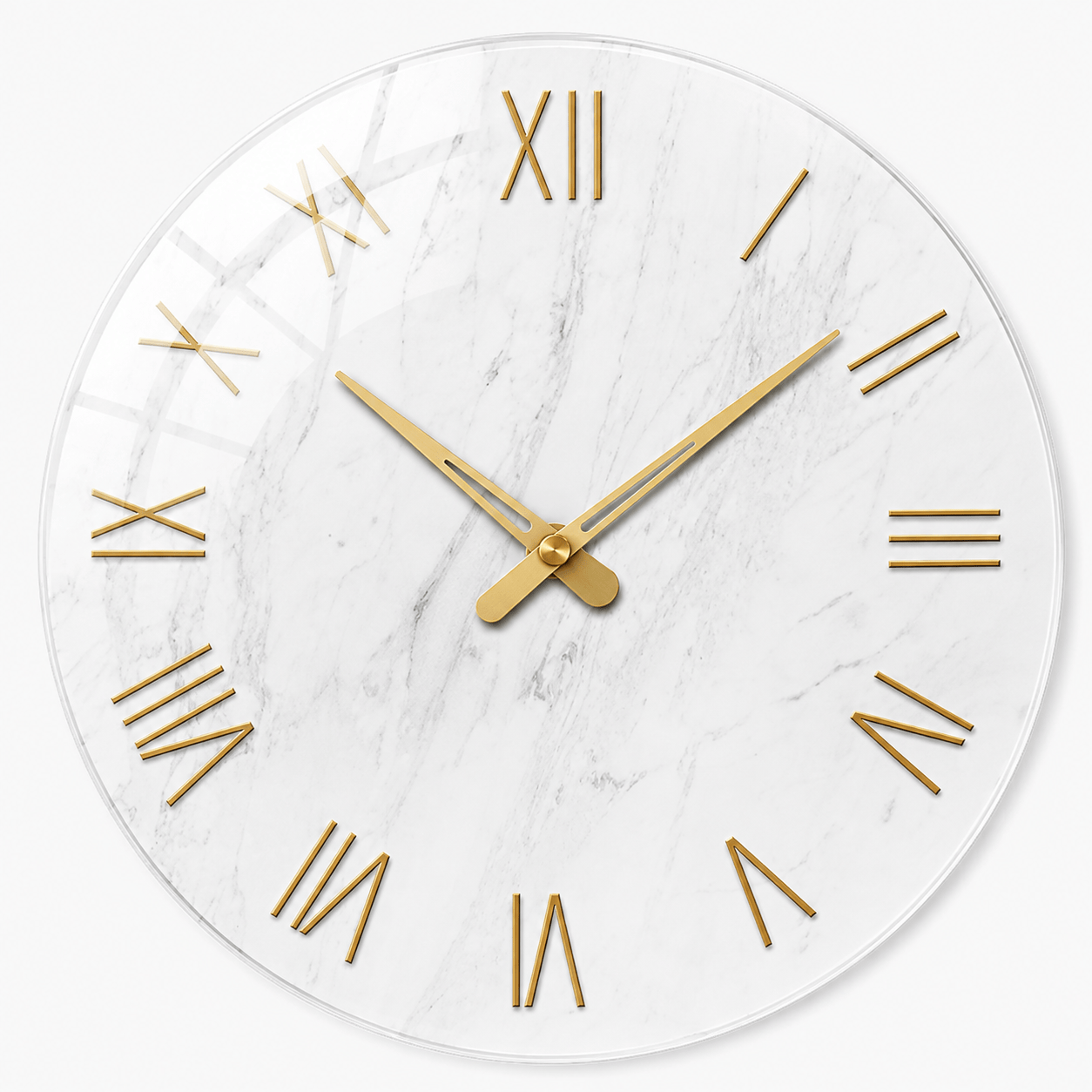 Sofello Horloge murale design marbre blanc chiffres romains dorés, verre trempé silencieuse 30/35/40 cm salon