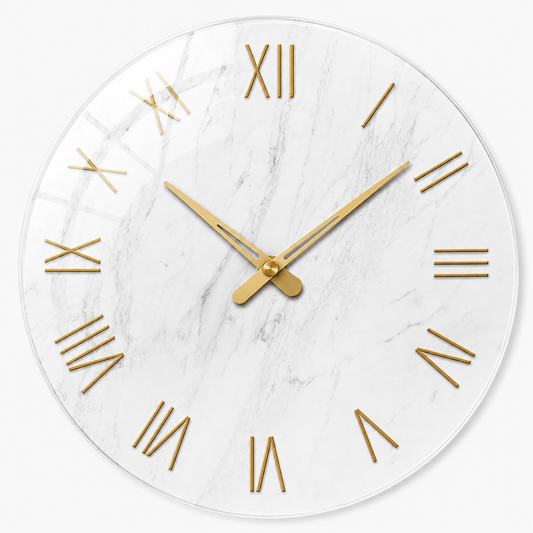 Sofello Horloge murale design marbre blanc chiffres romains dorés, verre trempé silencieuse 30/35/40 cm salon