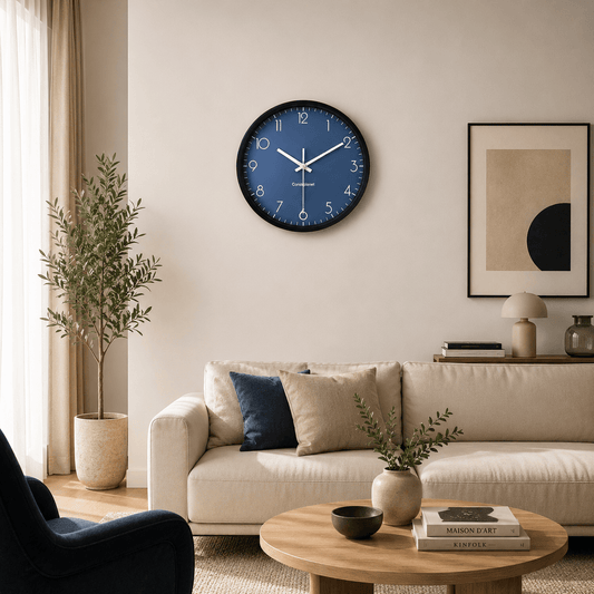 Sofello Horloge murale moderne silencieuse bleu foncé - horloge murale design ronde plastique/verre salon chambre cuisine