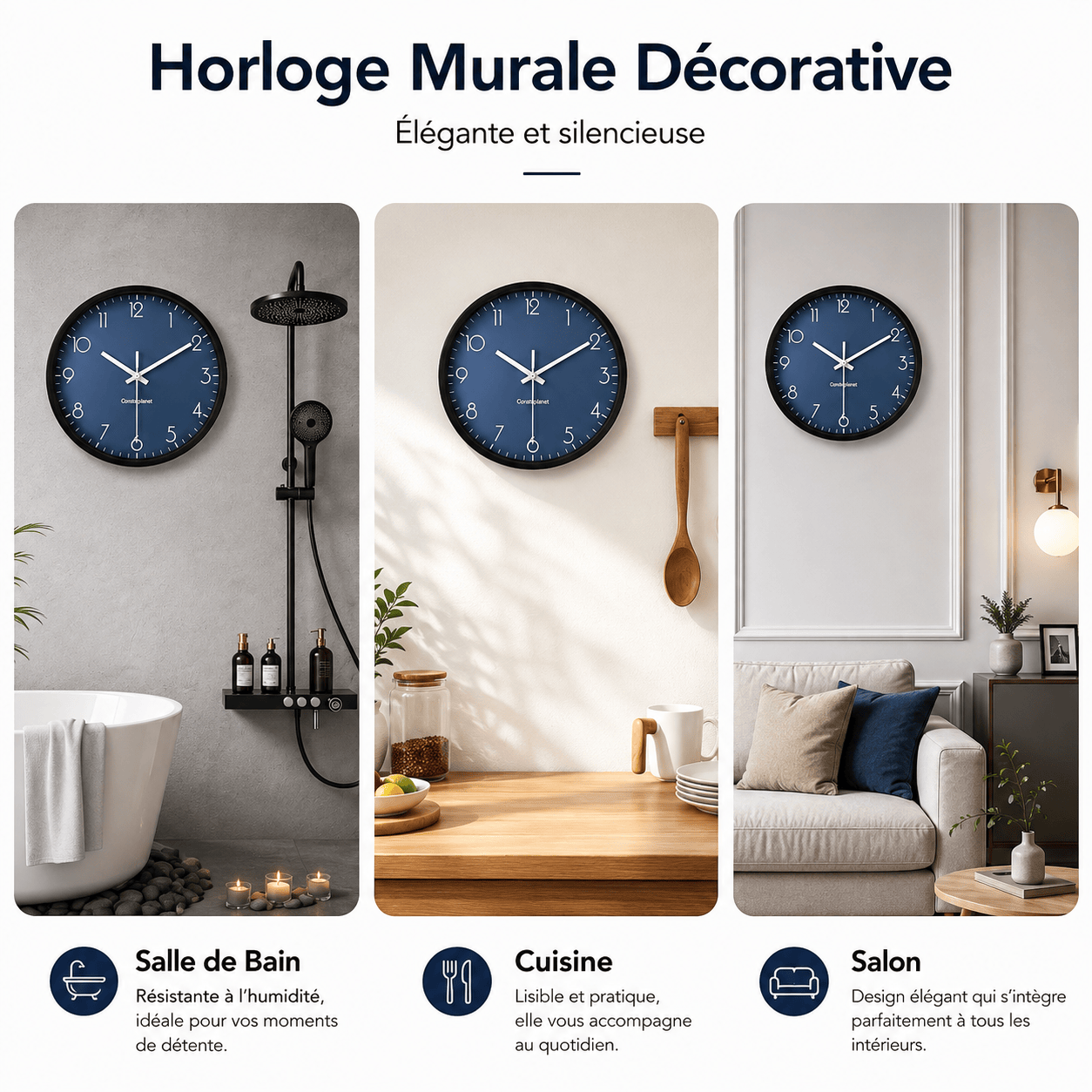Sofello Horloge murale moderne silencieuse bleu foncé - horloge murale design ronde plastique/verre salon chambre cuisine