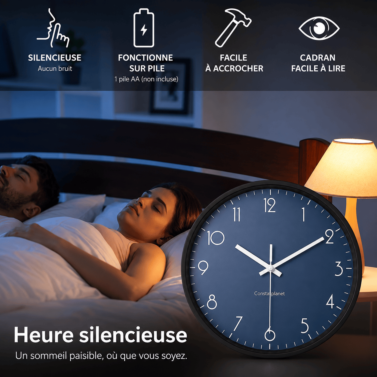 Sofello Horloge murale moderne silencieuse bleu foncé - horloge murale design ronde plastique/verre salon chambre cuisine