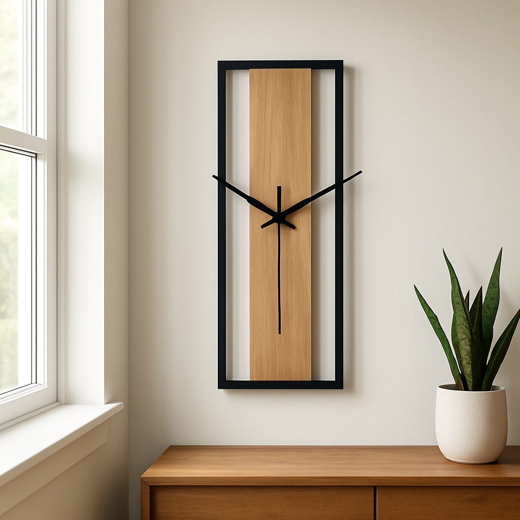 Sofello Horloge murale rectangulaire bois texture naturelle, horloge murale design silencieuse pour salon, chambre, salle à manger - 30 cm