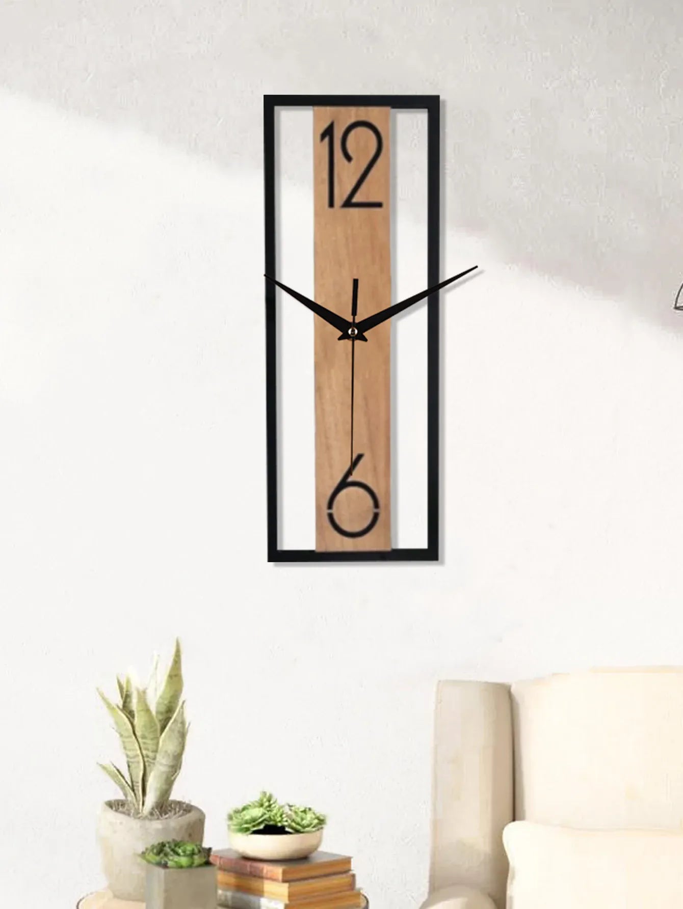 Sofello Horloge murale rectangulaire bois texture naturelle, horloge murale design silencieuse pour salon, chambre, salle à manger - 30 cm