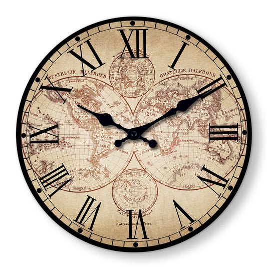 Sofello Horloge murale vintage bois carte du monde, chiffres romains, silencieuse, plusieurs tailles
