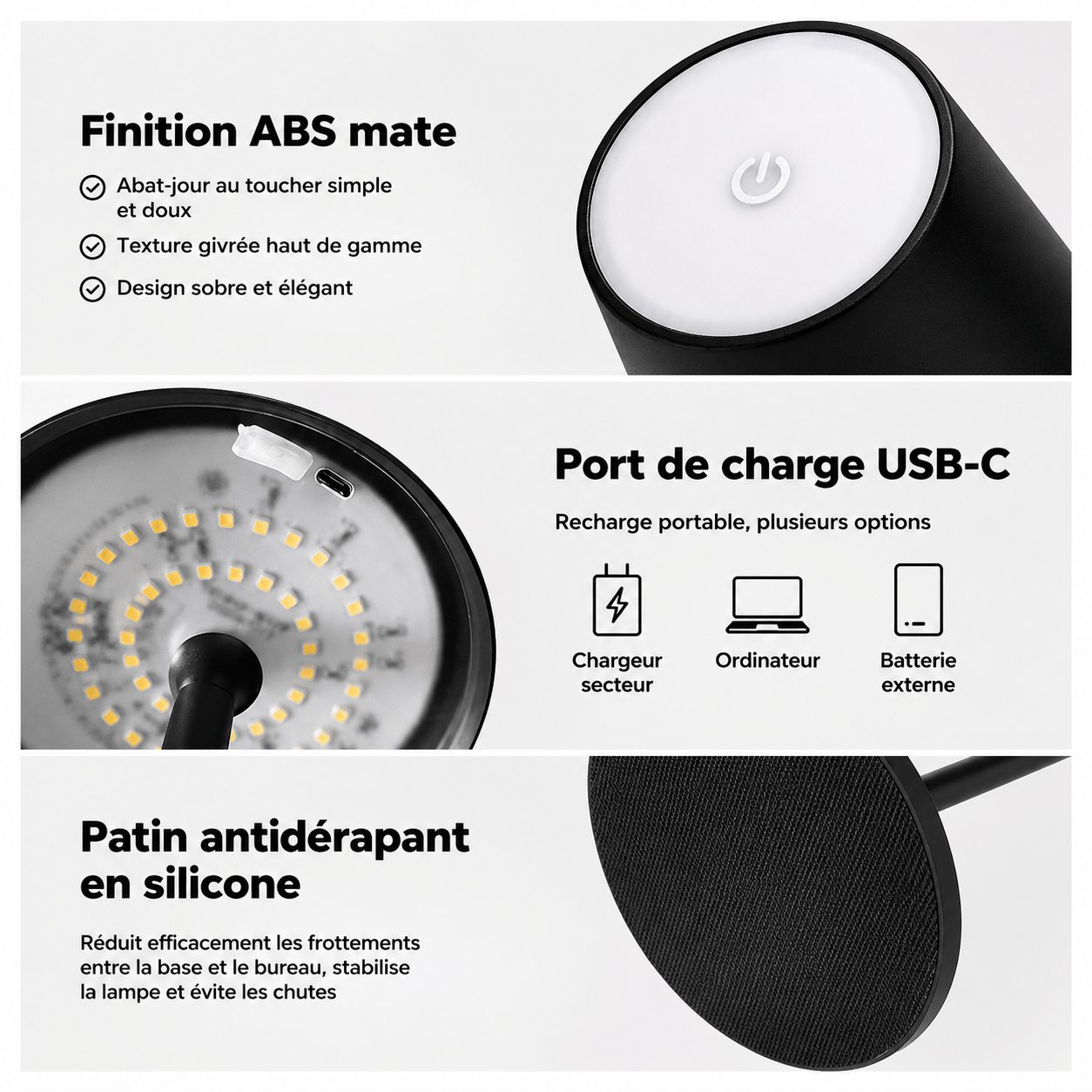 Sofello Lampe de chevet sans fil tactile LED – 3 températures de couleur – métal & acrylique – chambre, salon, bureau