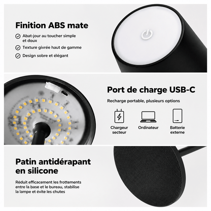 Sofello Lampe de chevet sans fil tactile LED – 3 températures de couleur – métal & acrylique – chambre, salon, bureau