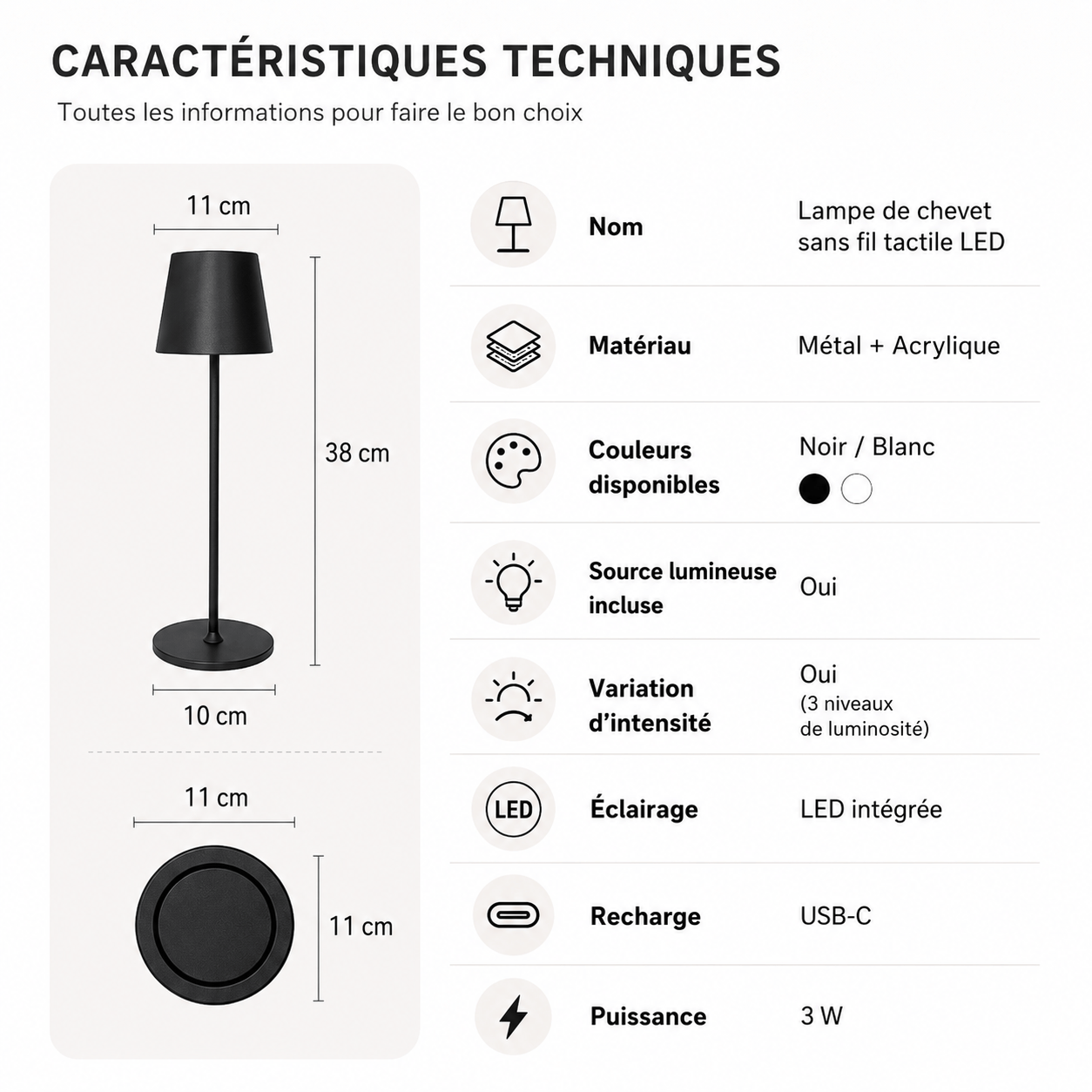 Sofello Lampe de chevet sans fil tactile LED – 3 températures de couleur – métal & acrylique – chambre, salon, bureau
