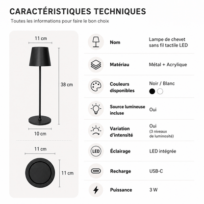 Sofello Lampe de chevet sans fil tactile LED – 3 températures de couleur – métal & acrylique – chambre, salon, bureau