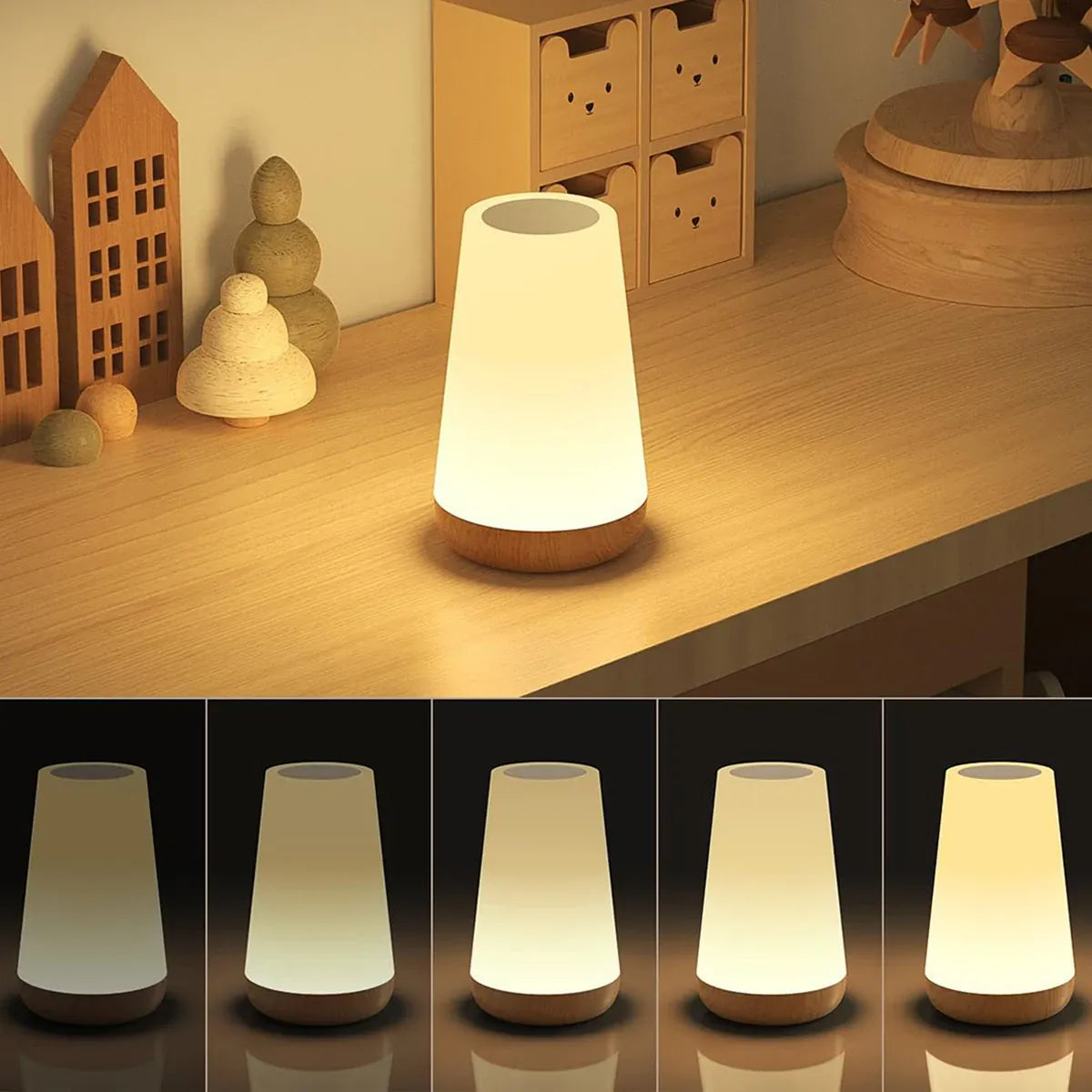 Sofello Lampe de chevet tactile 13 couleurs LED, télécommande, rechargeable USB, bois et blanc - chambre, salon