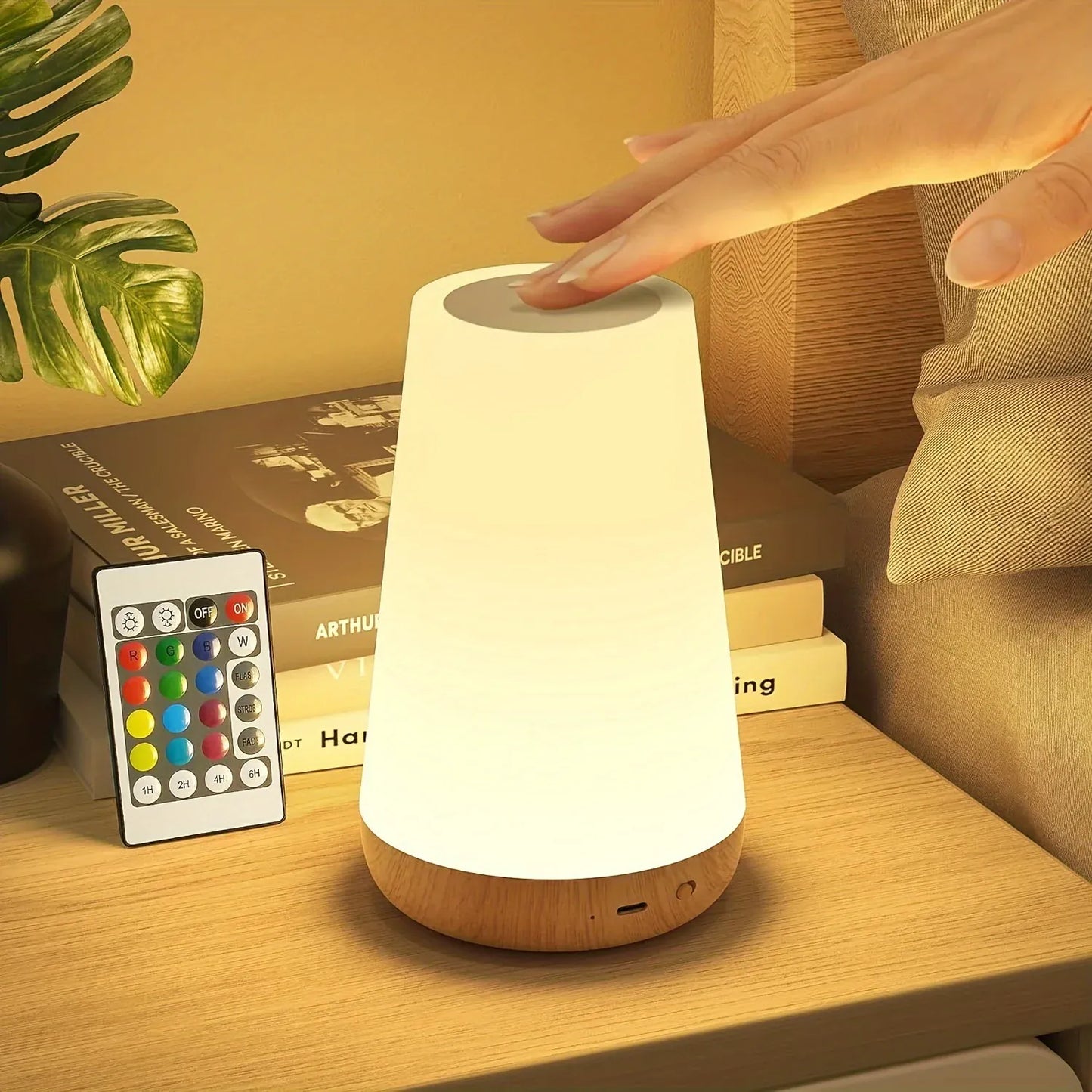Sofello Lampe de chevet tactile 13 couleurs LED, télécommande, rechargeable USB, bois et blanc - chambre, salon