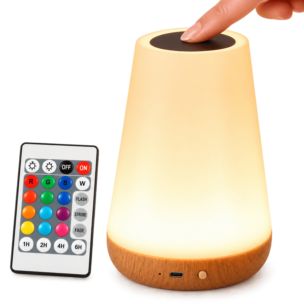 Sofello Lampe de chevet tactile 13 couleurs LED, télécommande, rechargeable USB, bois et blanc - chambre, salon