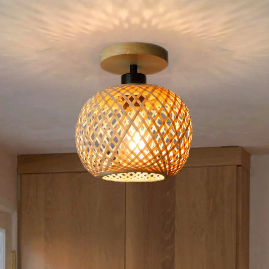Sofello Plafonnier en bambou tressé style vintage, fait main, pour cuisine, chambre et salle à manger
