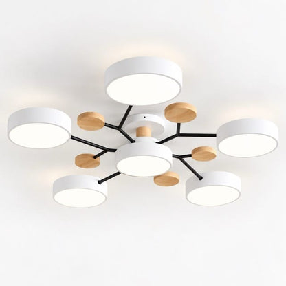 Sofello Plafonnier LED design scandinave 5 ou 6 lampes, gris/blanc, bois, salon et chambre