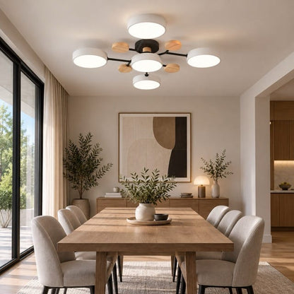 Sofello Plafonnier LED design scandinave 5 ou 6 lampes, gris/blanc, bois, salon et chambre