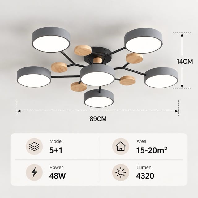 Sofello Plafonnier LED design scandinave 5 ou 6 lampes, gris/blanc, bois, salon et chambre