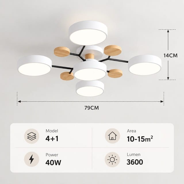 Sofello Plafonnier LED design scandinave 5 ou 6 lampes, gris/blanc, bois, salon et chambre